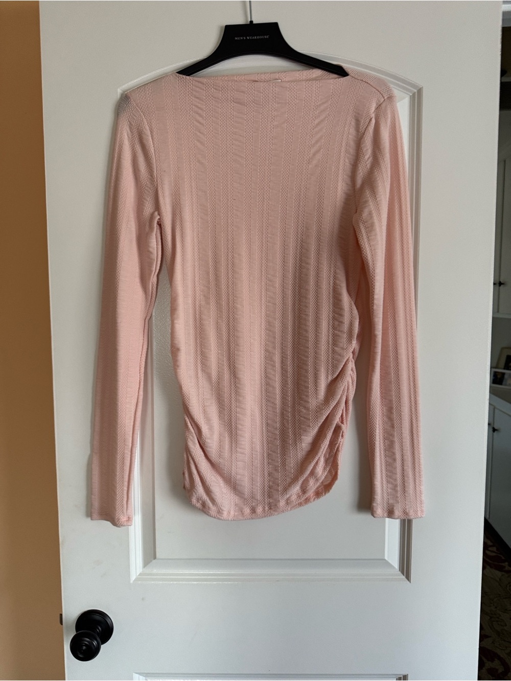 Long-Sleeve Boatneck Top in Pale Pink with Side Ruched Detail